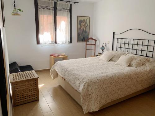 阿尔卡拉德荷那利斯Gran piso en el centro de Alcalá的一间卧室设有一张大床和两个窗户。