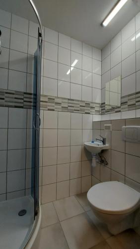 SzałeMotel Maria的带淋浴、卫生间和盥洗盆的浴室
