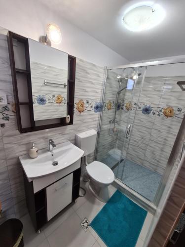 克利默内什蒂Casa Hera的带淋浴、盥洗盆和卫生间的浴室