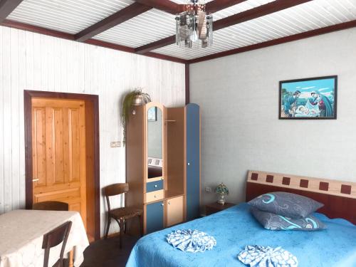 斯拉夫西克Відпочинок у Пронів的一间卧室配有一张带蓝色棉被的床