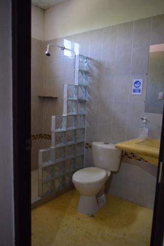 圣安特罗La casa mono cuco Hostel的浴室配有卫生间、淋浴和盥洗盆。