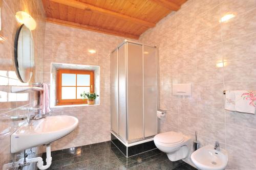 拉伊翁Unterfinser的带淋浴、盥洗盆和卫生间的浴室