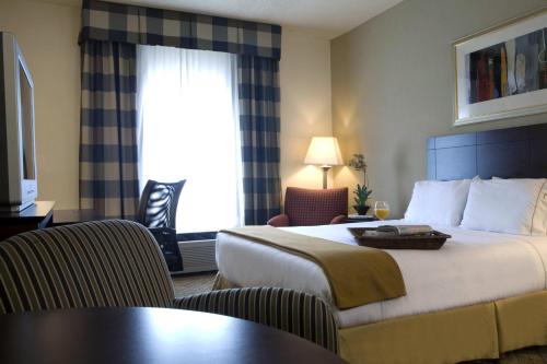 迪凯特Holiday Inn Express Hotel & Suites - Atlanta/Emory University Area, an IHG Hotel的酒店客房配有一张床铺和一张桌子。