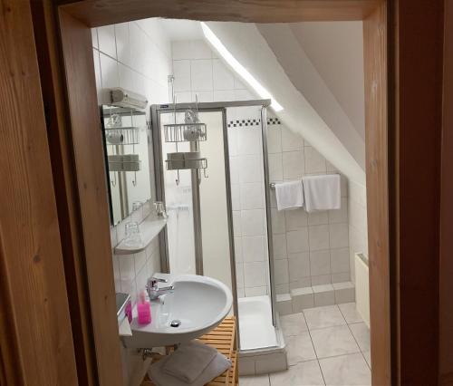 内托芬佛茨豪斯拉克勒酒店 - 餐厅 - 咖啡厅的一间带水槽和淋浴的浴室