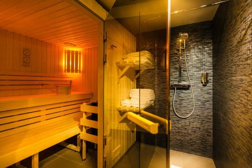 巴黎赫鲁斯酒店的带淋浴和玻璃淋浴间的浴室