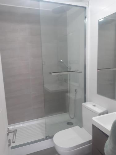 阿里卡Pacifico 802的带淋浴和卫生间的白色浴室