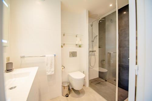 昂蒂布High Standing with Incredible Old Antibes and Sea views的浴室配有卫生间、盥洗盆和淋浴。