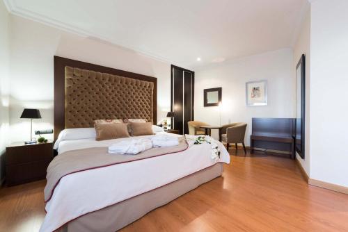 莱昂FC莱昂公主酒店的一间卧室配有一张大床和一张书桌