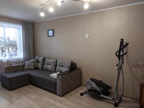 切尔尼戈夫Apartment with balcony on Peremohy Avenue 43的带沙发和跑步机的客厅