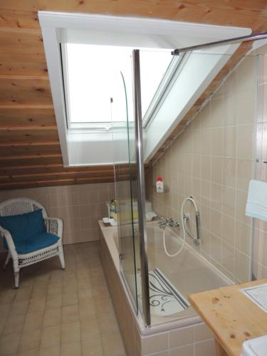 茨维泽尔FW Zauberblick的带淋浴和浴缸的浴室,配有天窗