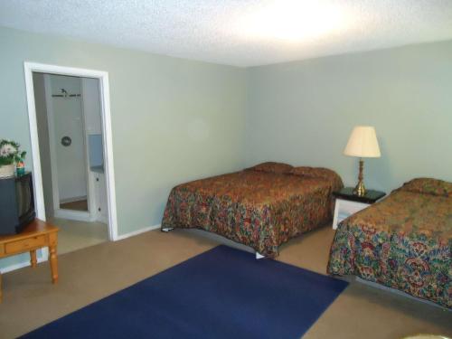 Okanogan蓝山汽车旅馆的酒店客房设有两张床和电视。