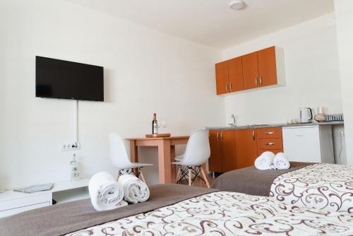 兹雷尼亚宁APARTMANI CENTAR LUX NEW的酒店客房带两张床和厨房