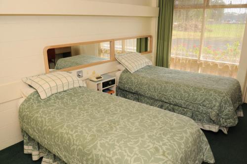 亚伯半岛汽车旅馆的配有镜子和窗户的客房内的两张床