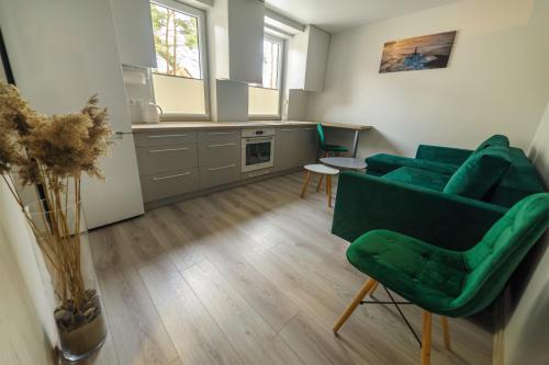 珀尔沃卡Vėjūnė的一间带绿色沙发的客厅和一间厨房