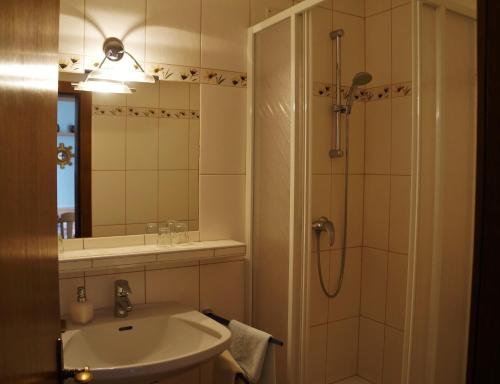 巴德加斯坦兰德豪斯赫勒斯黑慕赫尔酒店的一间带水槽和淋浴的浴室