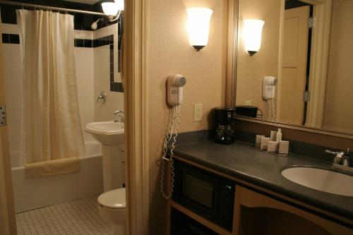 密尔沃基Ambassador Hotel Milwaukee, Trademark Collection by Wyndham的一间带水槽的浴室和墙上的一部电话