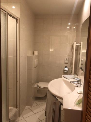 Handel汉德里亚酒店的浴室配有卫生间、盥洗盆和淋浴。