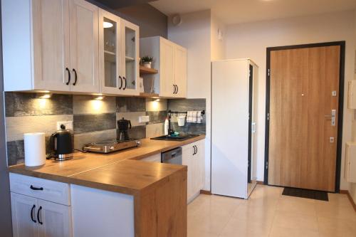 华沙Studio Aparatka的厨房配有白色橱柜和木制台面