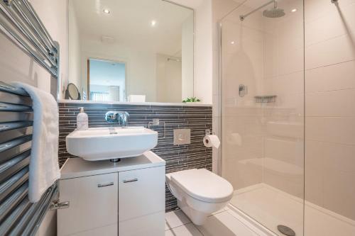 纽基Newquay Fistral Beach View的一间带水槽、卫生间和淋浴的浴室