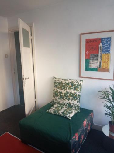 奈梅亨ETAGE voor 1-2 pers in NIJMEGEN-Centrum的客房设有带枕头的绿色沙发。