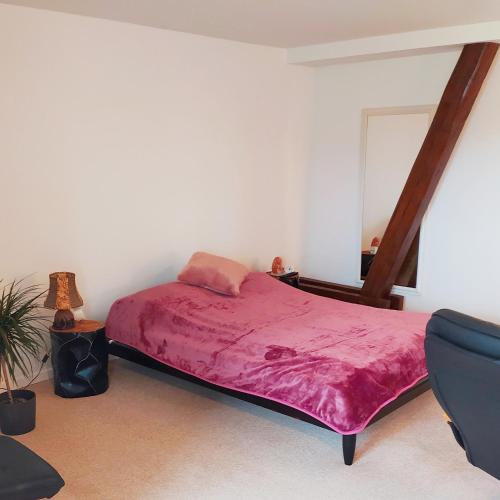 伯根Studiowohnung in Bergen/Bleckmar的一间卧室配有一张带红色毯子的床