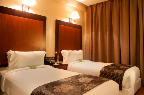 钦奈Park Avenue Hotel Nungambakkam的酒店客房,设有两张床和窗帘