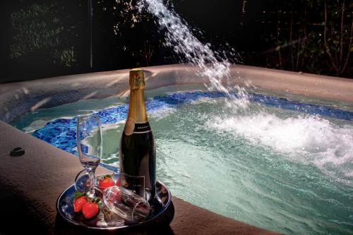 安吉斯乔治亚斯尼拉Villa Evridiki by Pelion Esties的一瓶香槟和一杯热水浴池中的酒