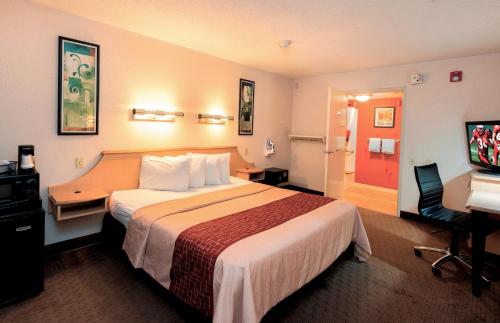 圣安东尼奥圣安东尼奥机场红屋顶酒店的酒店客房设有一张大床和一台电视。