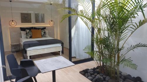 圣罗克Home at Azores - Oasis House的一间卧室配有一张床和盆栽植物