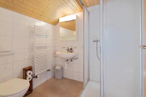 GontenSwiss Mountain Golf-Restaurant Gonten的一间带水槽、卫生间和淋浴的浴室