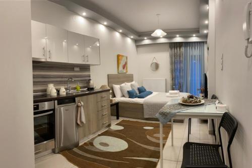 科扎尼Xenia_Apartments A2的小厨房和1间配有床的卧室