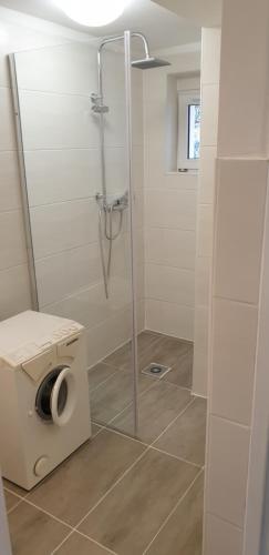 格拉茨Betterhome Apartments am Stadion的带淋浴和卫生纸的浴室