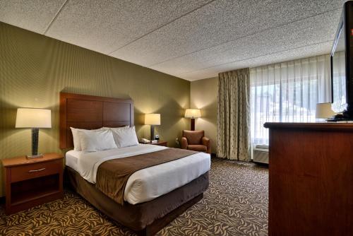 科特兰Clarion Inn & Suites - University Area的配有一张床和一把椅子的酒店客房