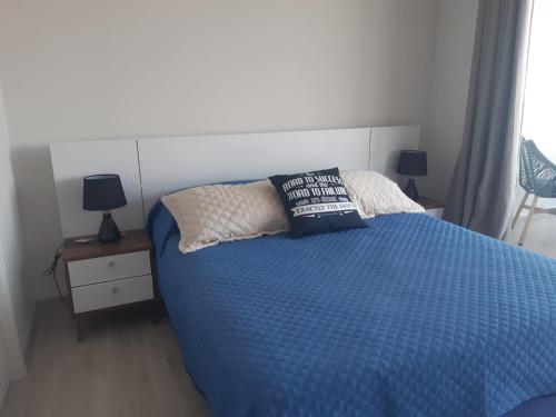 阿里卡Pacifico 802的一间卧室配有蓝色的床和两个枕头
