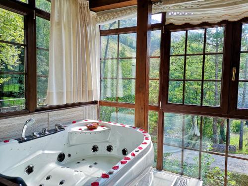 RegulesAkla La Casa Del Puente的带窗户的客房内设有带大浴缸的浴室
