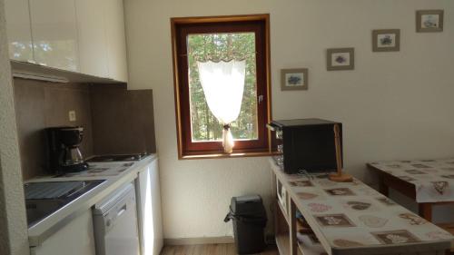塞拉克QUEYRAS的厨房设有窗户和一张桌子及一台电视