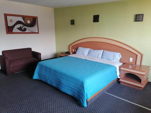 托卢卡Hotel Puerta del Sol的酒店客房带一张大床和一把椅子