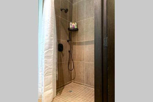 匹兹堡3E-Spacious 2 bedroom in Oakland, sleeps 8的带淋浴和浴帘的浴室