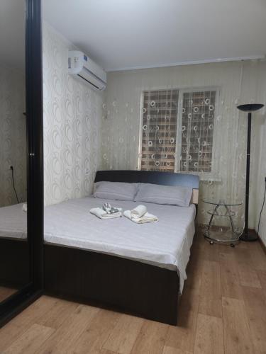 尼科波尔Апартаменты в центре的一间卧室配有一张床,上面有两条毛巾