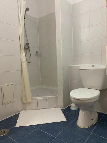 VeştemHotel Veștem的白色的浴室设有卫生间和淋浴。