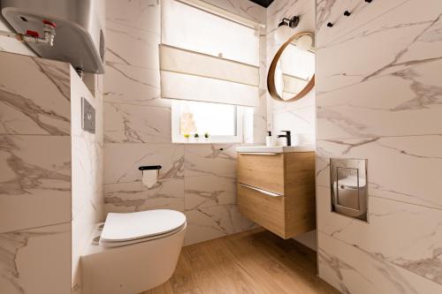 斯克拉斯卡波伦巴White Holiday Domki i Apartamenty的一间带卫生间和水槽的浴室