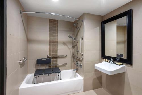 兰开斯特Wyndham Lancaster Resort and Convention Center的带浴缸、水槽和镜子的浴室