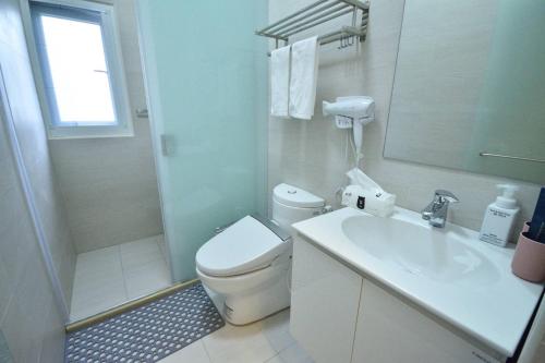 台东好時光電梯民宿的浴室配有卫生间、盥洗盆和淋浴。