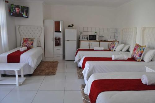 吕德里茨Timo's guesthouse accommodation的带三张床和厨房的房间