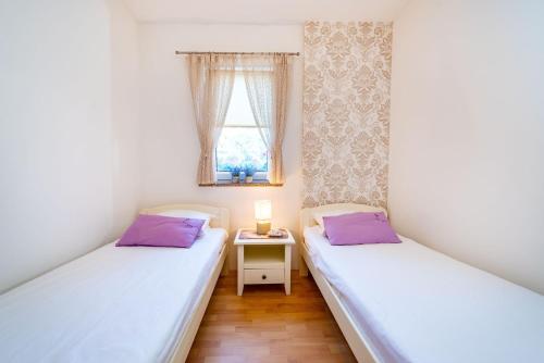 波弗加纳Apartments San - comfortable and great location的带窗户的客房内设有两张单人床。
