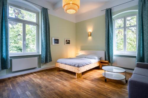 皮尔纳Villa Schmidt的一间卧室设有一张床和两个窗户。