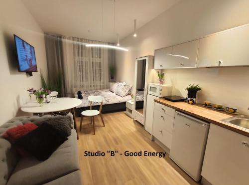 埃尔布隆格Apartament Elbląg GoodEnergy - Stare Miasto, Oldtown, Altstadt的厨房以及带沙发和桌子的客厅。