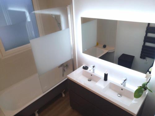 波城Appartement tout confort 2 chbres - 72m2 - avec terrasse et vue Pyrénées的一间带水槽、淋浴和镜子的浴室
