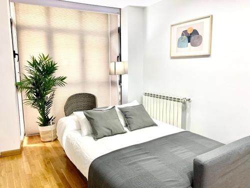 莱昂Apartamento La Sal的一间卧室配有一张床和盆栽植物
