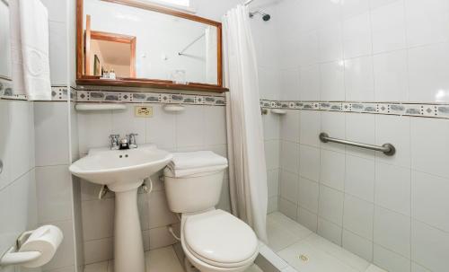 波哥大Hotel El Campin的浴室配有卫生间、盥洗盆和淋浴。